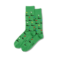 Pair of green crew socks with a repeating pattern of miniature golf holes and flags in red, yellow, blue, and white.
