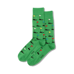 Pair of green crew socks with a repeating pattern of miniature golf holes and flags in red, yellow, blue, and white.