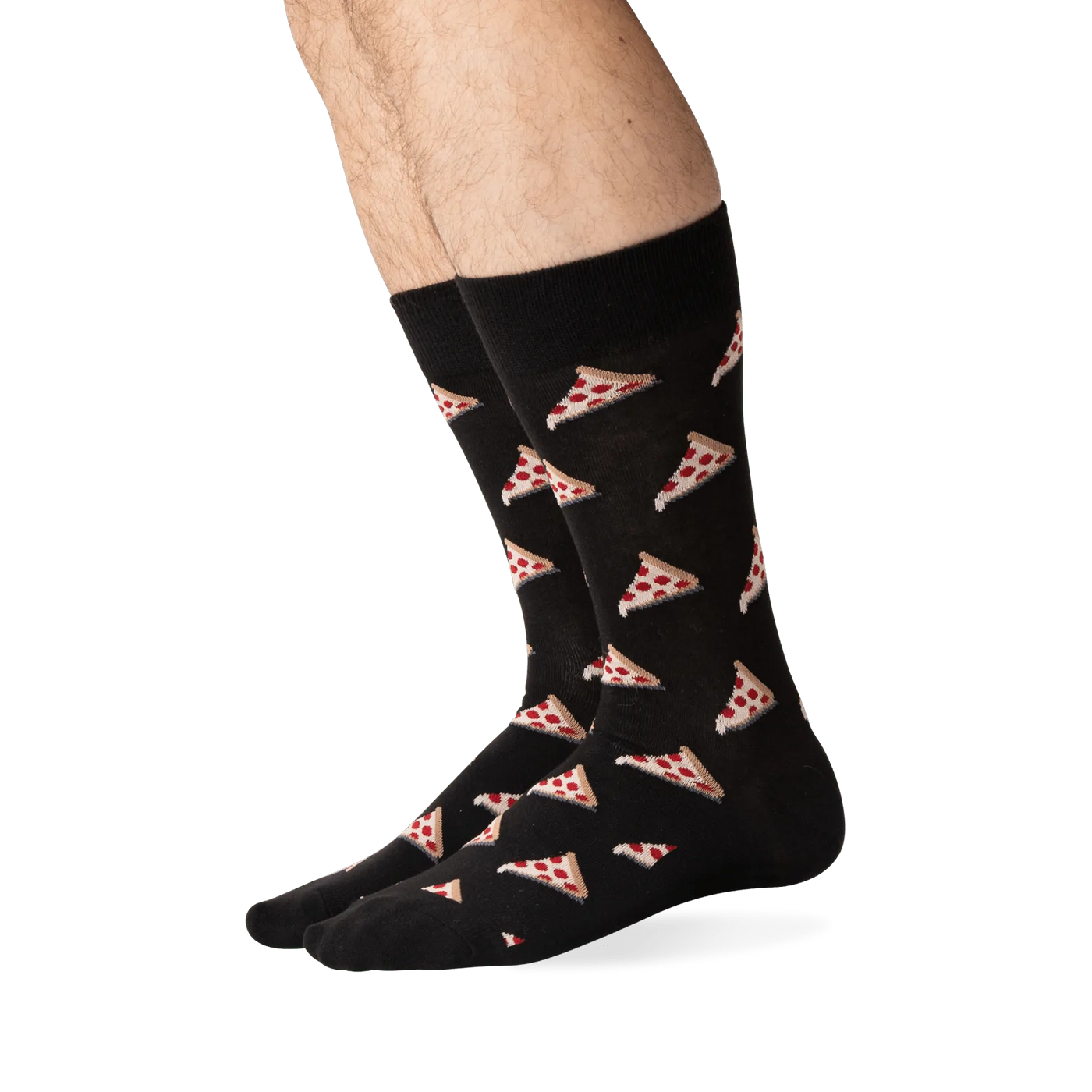 Lifestyle shot of a person wearing black pizza socks, showing the socks from the knees down.