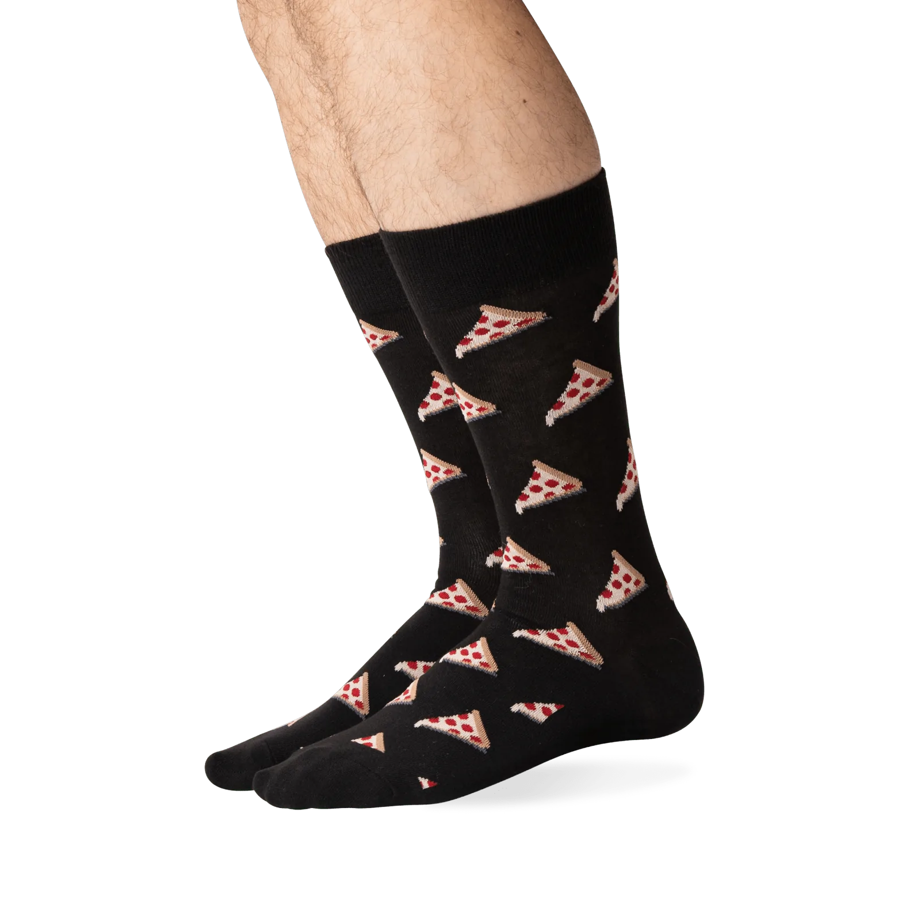 Lifestyle shot of a person wearing black pizza socks, showing the socks from the knees down.