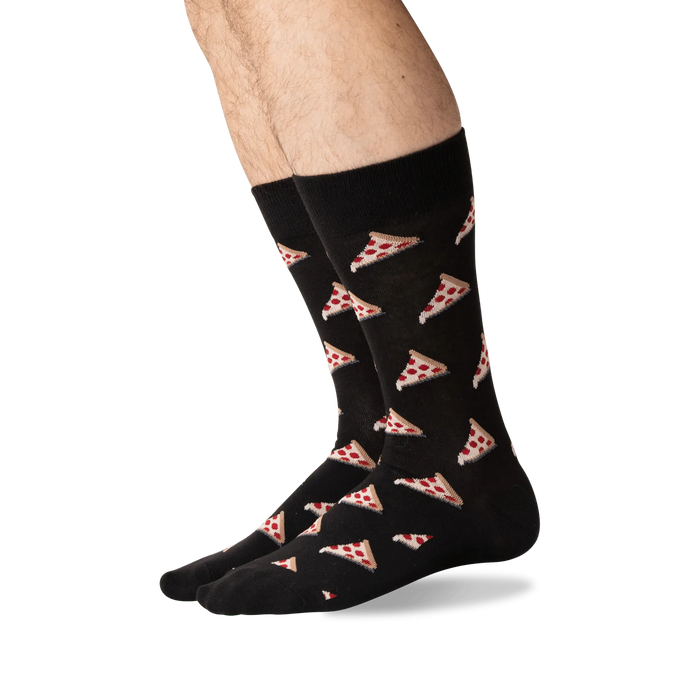 A pair of black socks with a pattern of pizza slices.