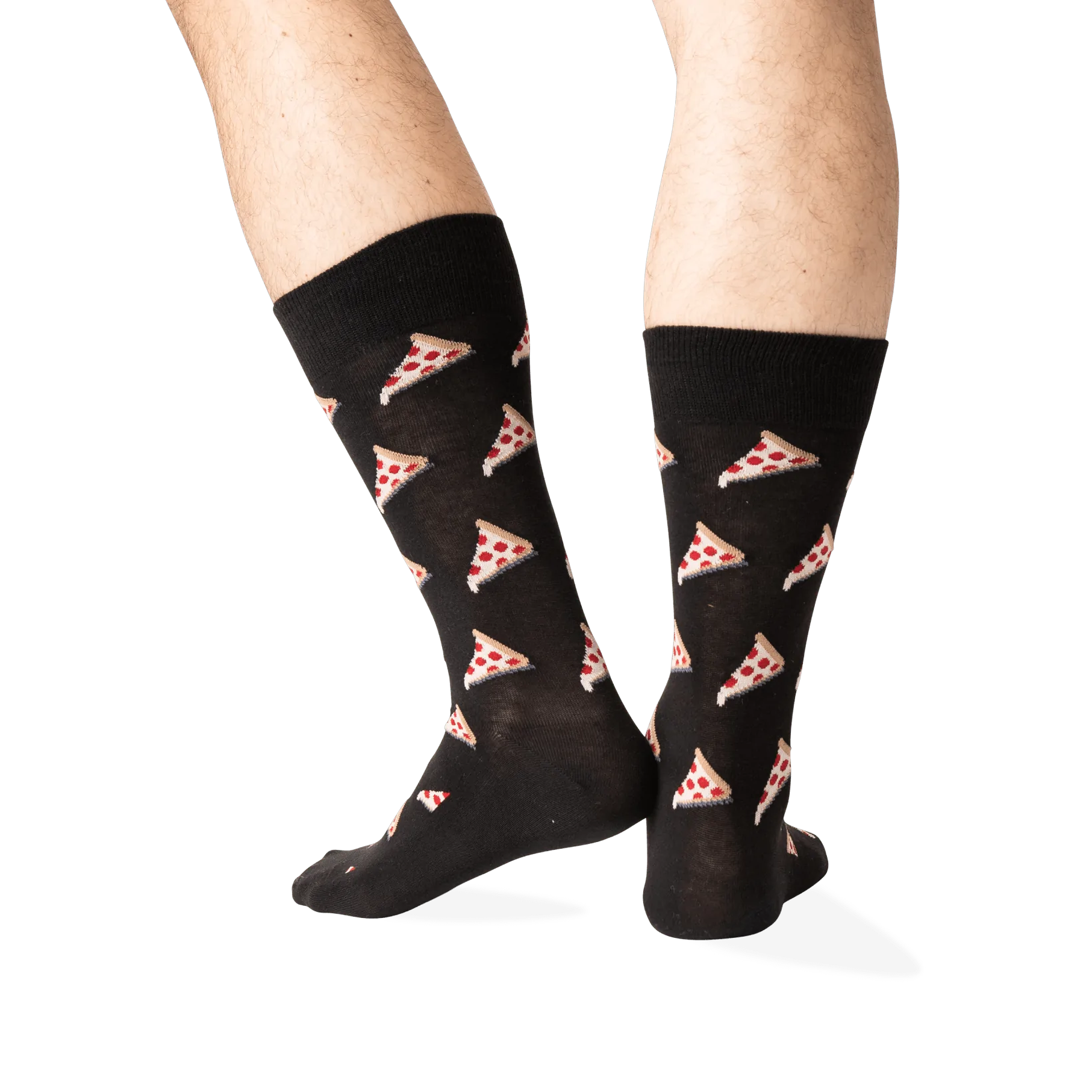Rear view of the black pizza socks on a model, displaying the pizza pattern on the back of the socks.