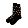 Pair of black crew socks with a repeating pattern of pepperoni pizza slices. 