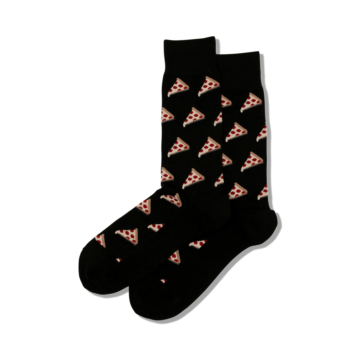 Pair of black crew socks with a repeating pattern of pepperoni pizza slices. 