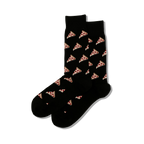 Pair of black crew socks with a repeating pattern of pepperoni pizza slices. 