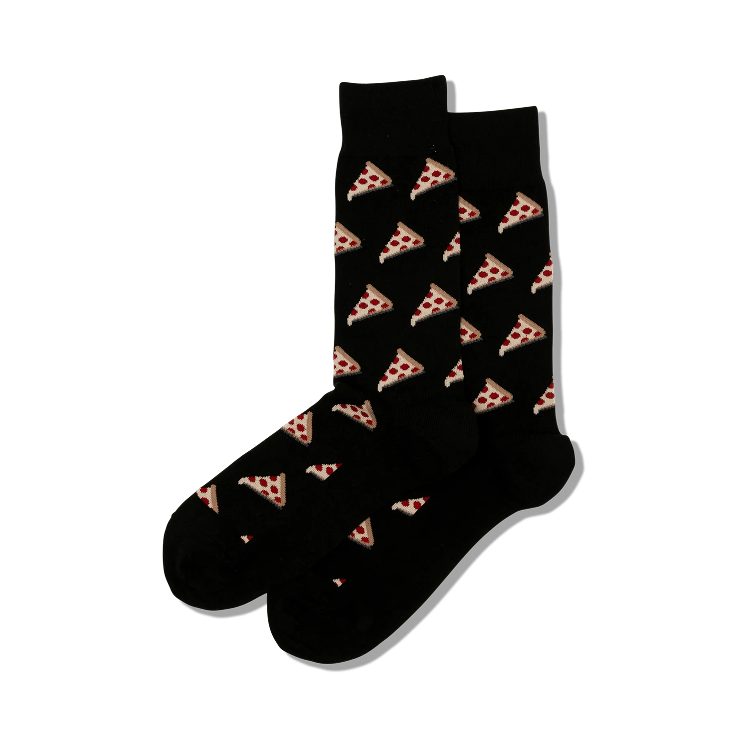 Pair of black crew socks with a repeating pattern of pepperoni pizza slices. 