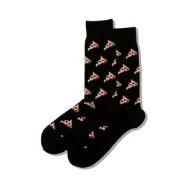 black crew socks with a repeating pattern of pizza slices in red, orange, and yellow. ideal for men who love pizza.  