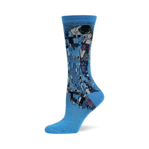 Klimt's The Kiss art sock in blue, featuring the iconic embracing couple with intricate patterns and vibrant colors.