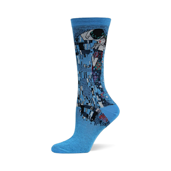 Klimt's The Kiss art sock in blue, featuring the iconic embracing couple with intricate patterns and vibrant colors.