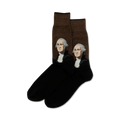 Pair of black crew socks with brown panels featuring portraits of George Washington.  A fun, historical design.