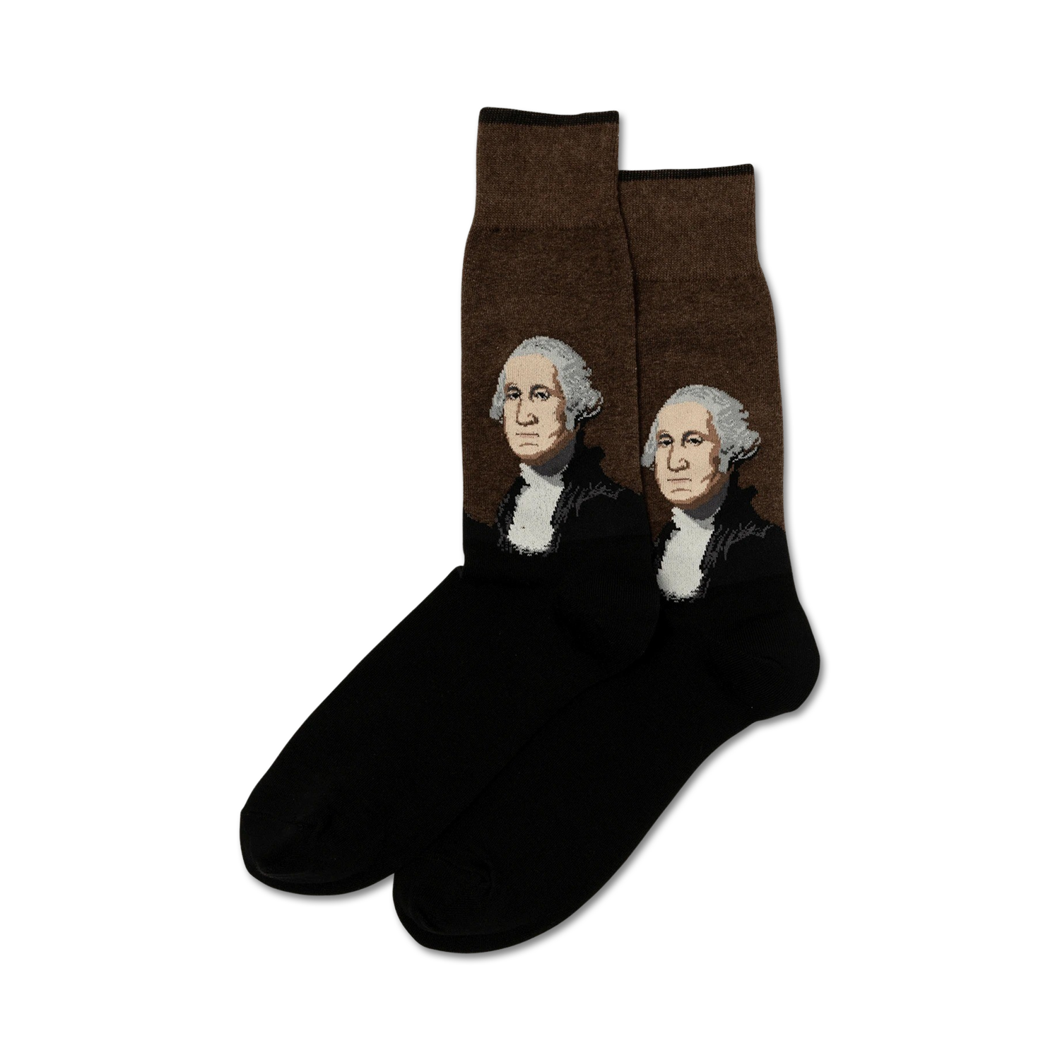 Pair of black crew socks with brown panels featuring portraits of George Washington.  A fun, historical design.
