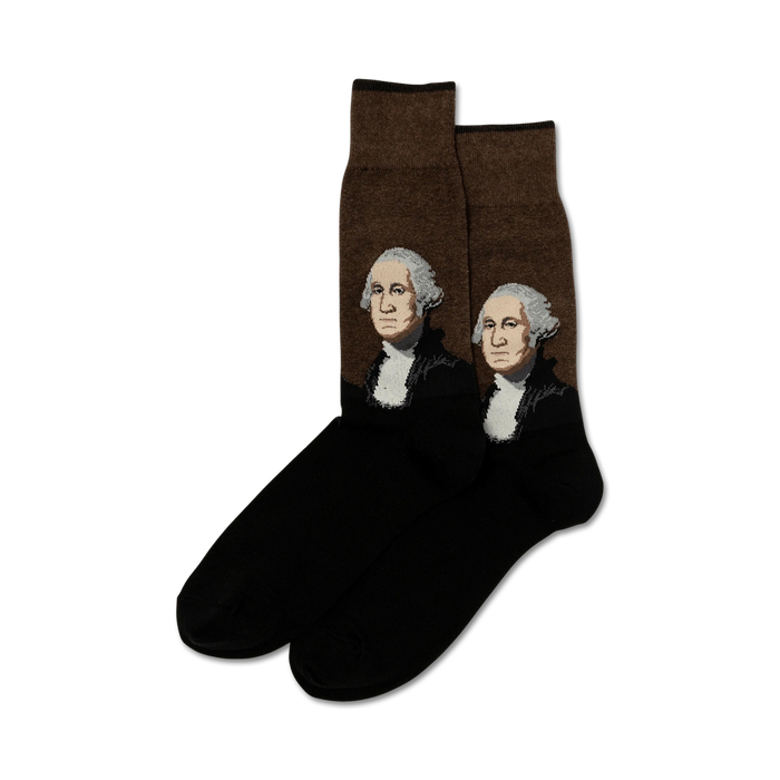 black and brown george washington pattern crew socks with ribbed top. }}