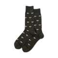 Pair of dark grey crew socks with a repeating pattern of martini glasses and olives.