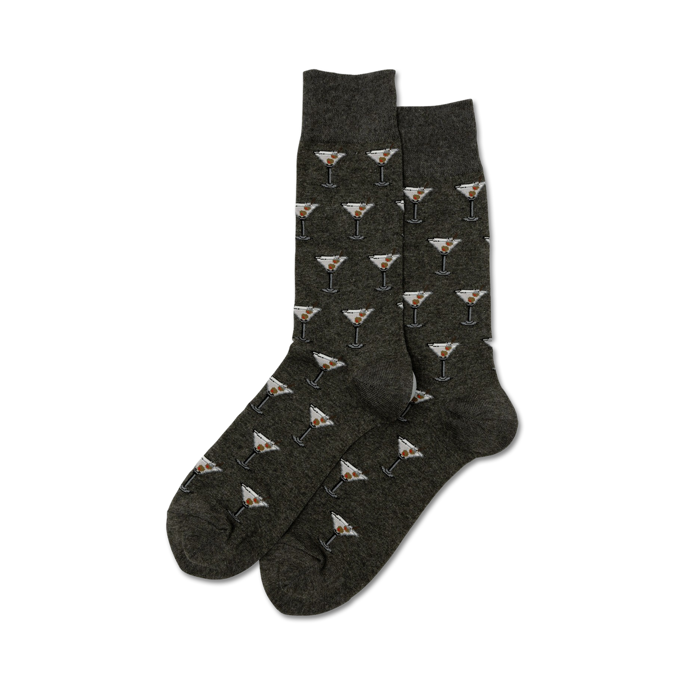 Pair of dark grey crew socks with a repeating pattern of martini glasses and olives.