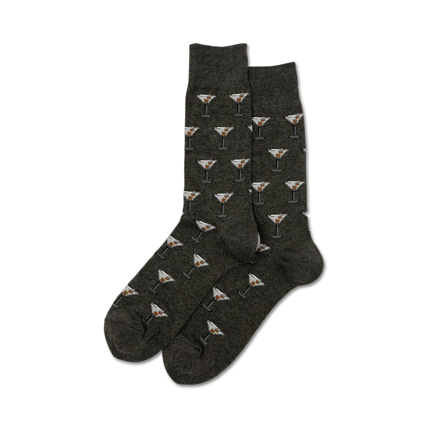 Pair of dark grey crew socks with a repeating pattern of martini glasses and olives.