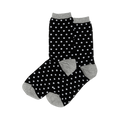 Pair of black crew socks with small white polka dots. Grey cuffs, heels, and toes are visible.