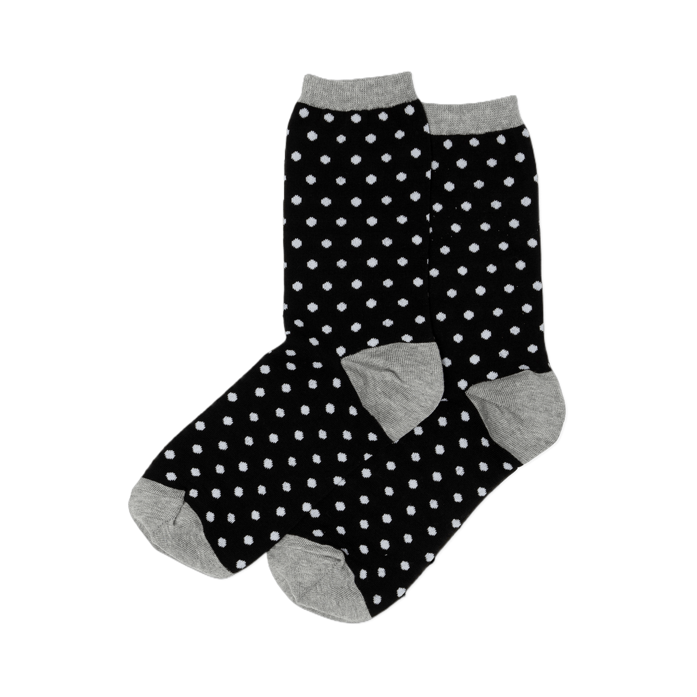 Pair of black crew socks with small white polka dots. Grey cuffs, heels, and toes are visible.