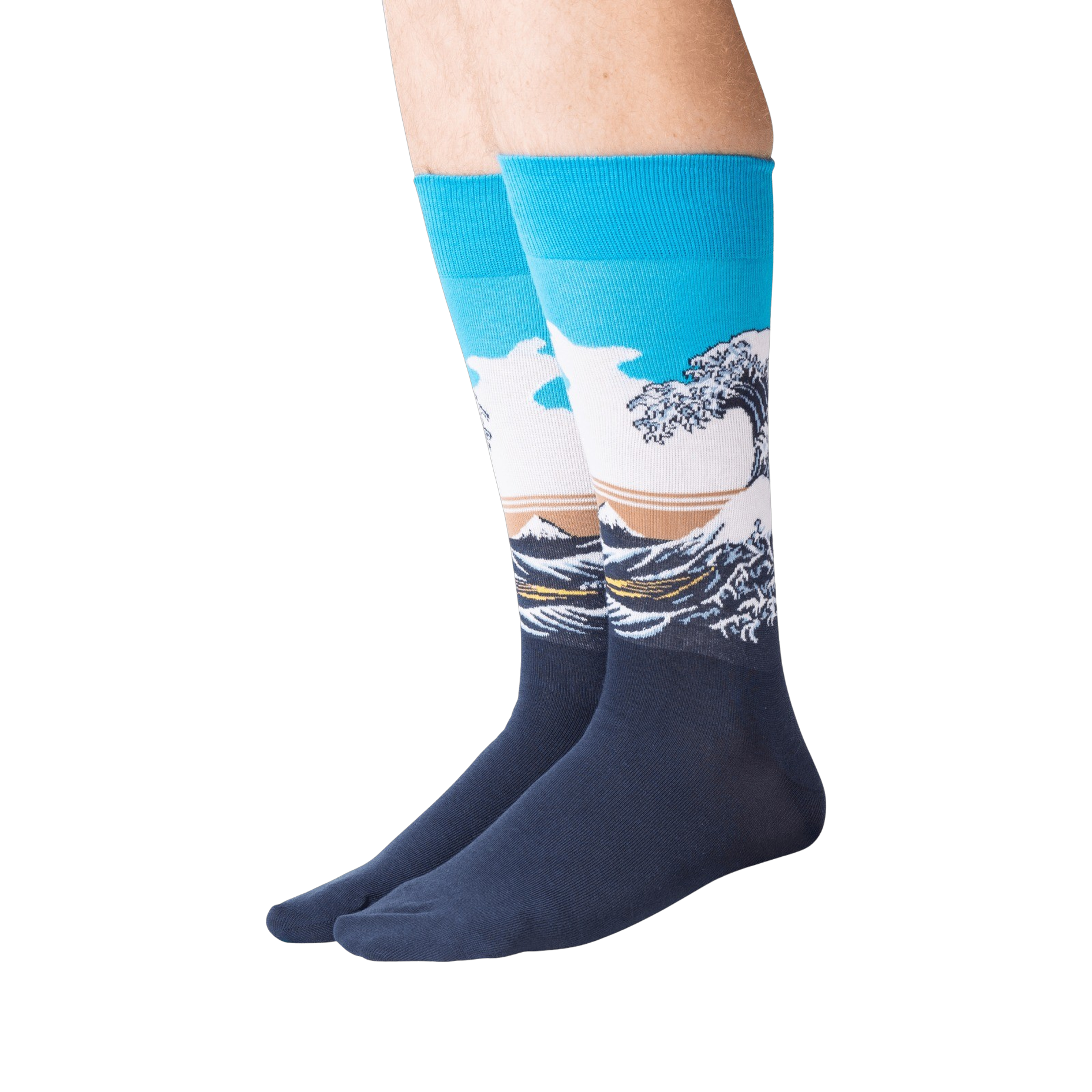 Lifestyle shot of model wearing Hokusai's Great Wave socks, showcasing the fit and design on legs.