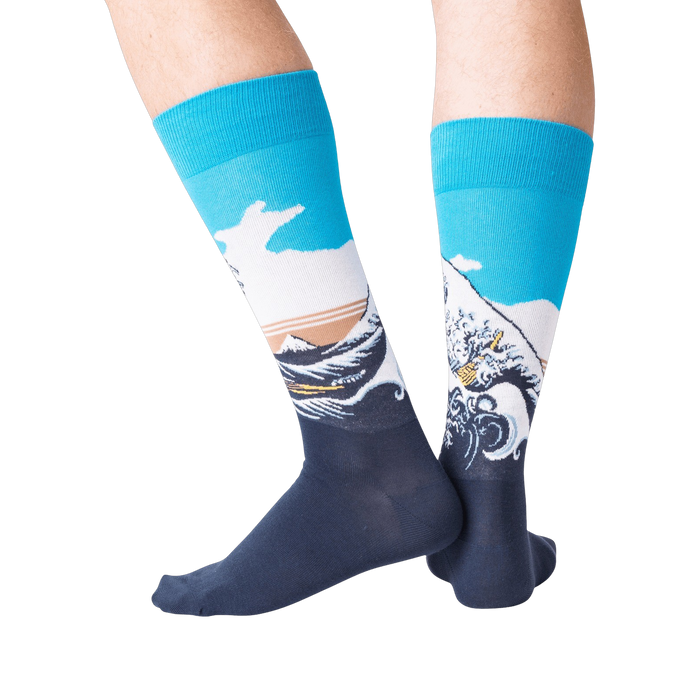 Flatlay photo of a pair of Hokusai's Great Wave socks, emphasizing the detailed design and color.