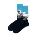 Pair of crew socks showcasing Hokusai's Great Wave.  Teal, white, and dark blue color palette with detailed wave design.