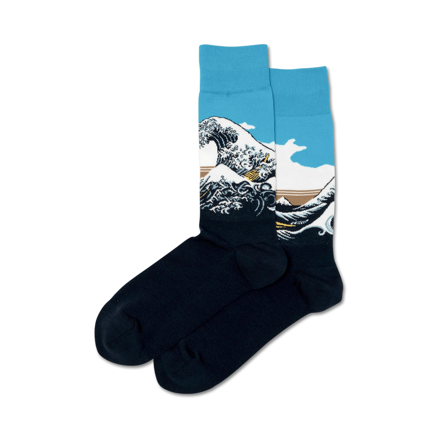 Pair of crew socks showcasing Hokusai's Great Wave.  Teal, white, and dark blue color palette with detailed wave design.