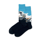 Pair of crew socks showcasing Hokusai's Great Wave.  Teal, white, and dark blue color palette with detailed wave design.