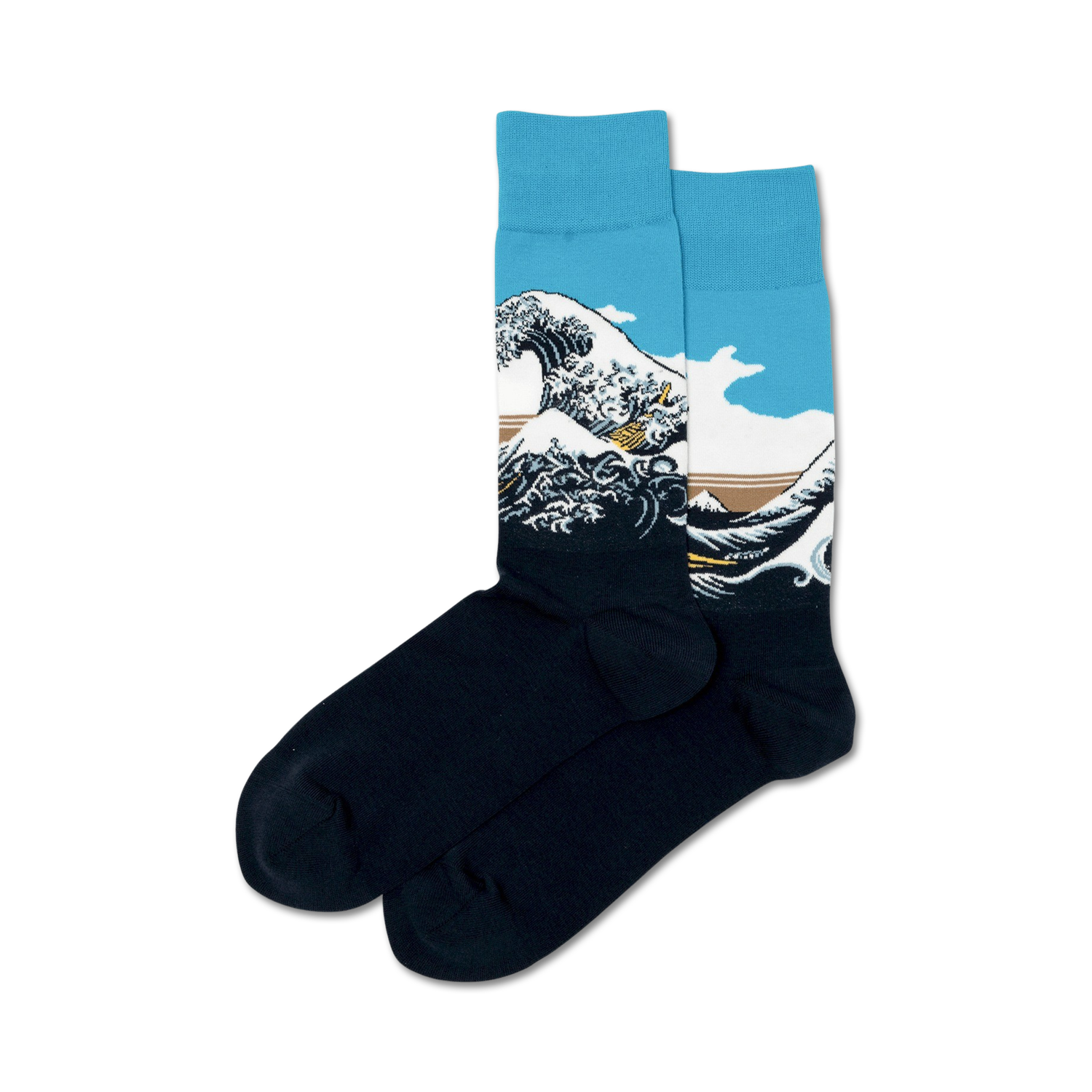 Pair of crew socks showcasing Hokusai's Great Wave.  Teal, white, and dark blue color palette with detailed wave design.