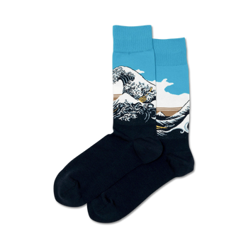 mens crew length cotton socks. hokusai's great wave white and blue pattern.  