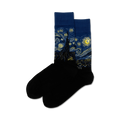 Pair of crew socks featuring Van Gogh's Starry Night.  Dark blue, yellow, and black design on a black sock.