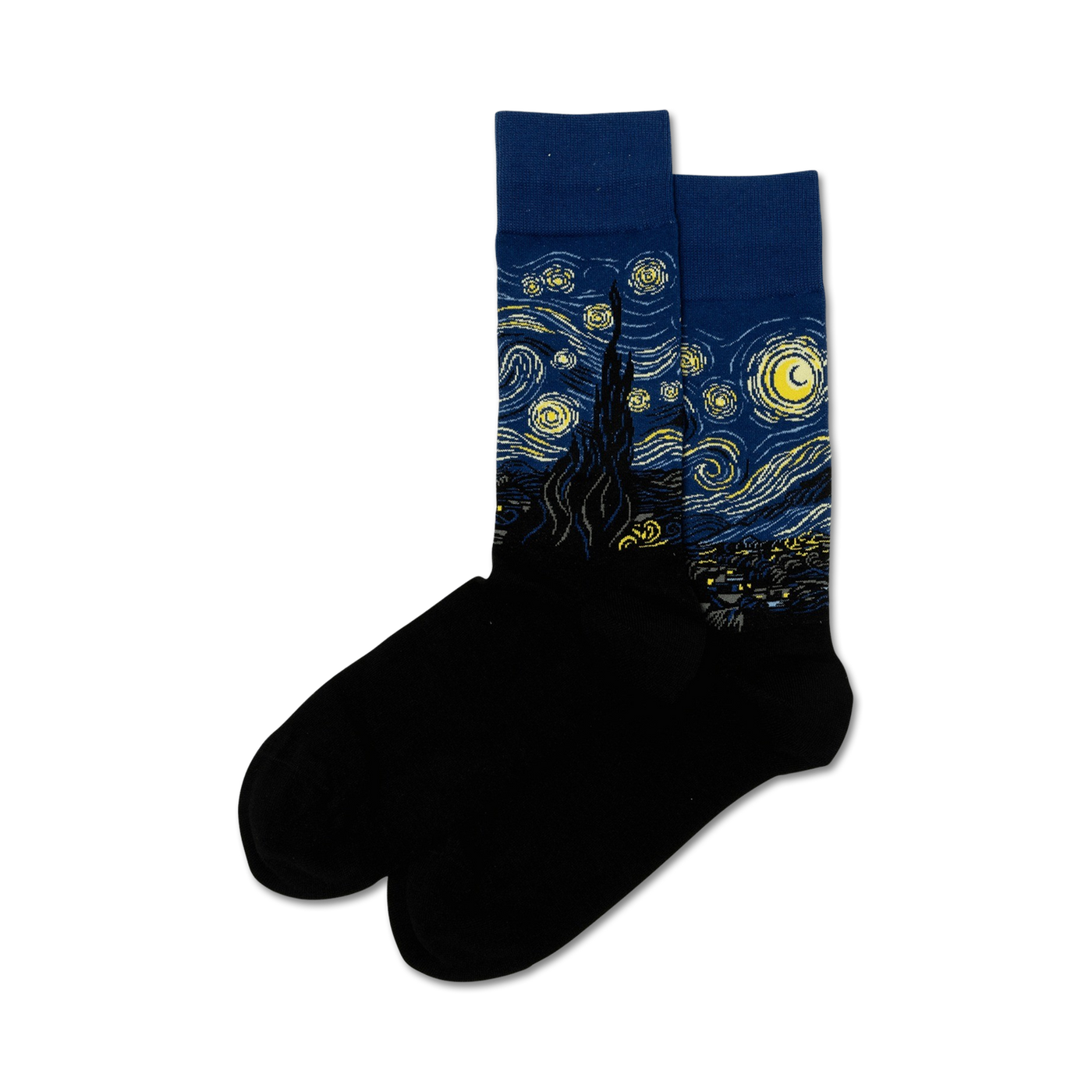 Pair of crew socks featuring Van Gogh's Starry Night.  Dark blue, yellow, and black design on a black sock.