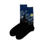 Pair of crew socks featuring Van Gogh's Starry Night.  Dark blue, yellow, and black design on a black sock.