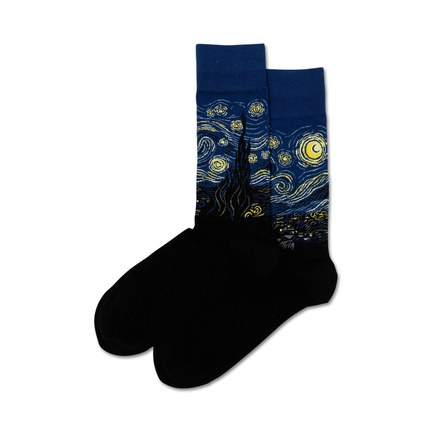 Pair of crew socks featuring Van Gogh's Starry Night.  Dark blue, yellow, and black design on a black sock.