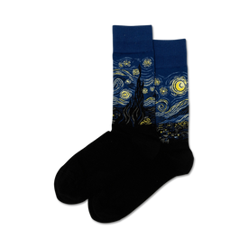 black socks with blue background, bright yellow and white starry night art design, fit men's crew sock size.   
