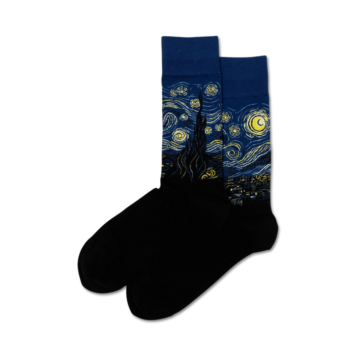 black socks with blue background, bright yellow and white starry night art design, fit men's crew sock size.    }}