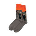 Pair of gray crew socks with The Scream artwork. Orange and teal color accents on the cuff and artwork. 