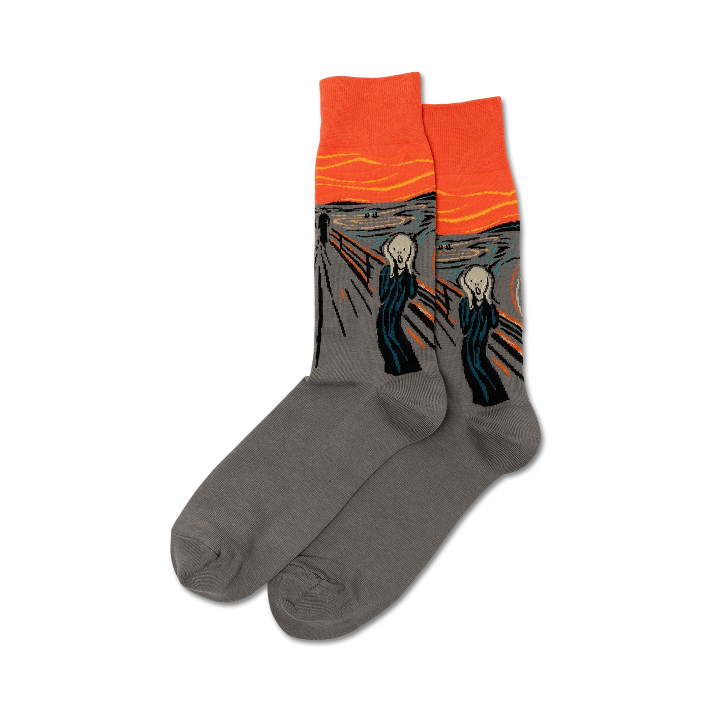 Pair of gray crew socks with The Scream artwork. Orange and teal color accents on the cuff and artwork. 