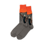Pair of gray crew socks with The Scream artwork. Orange and teal color accents on the cuff and artwork. 