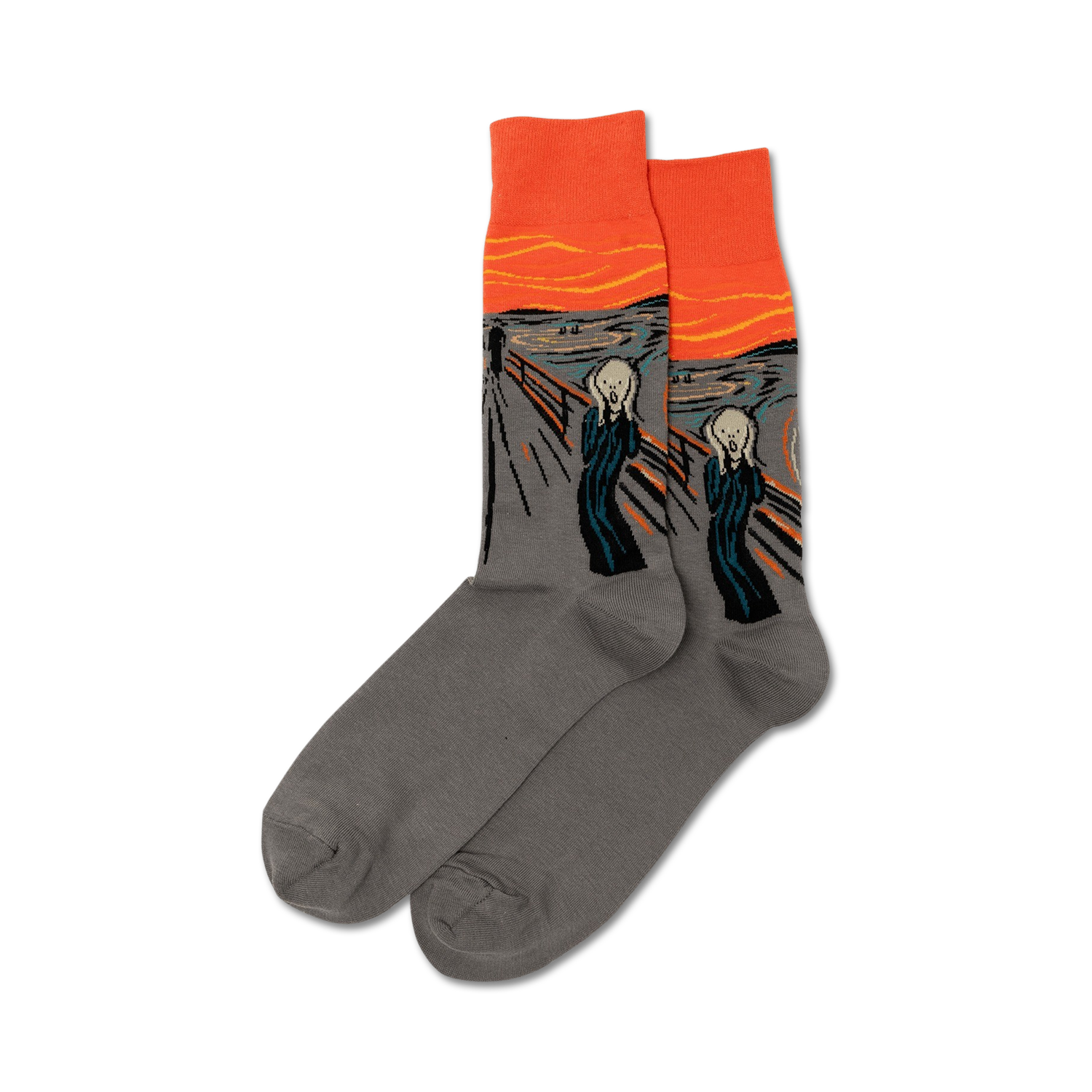 Pair of gray crew socks with The Scream artwork. Orange and teal color accents on the cuff and artwork. 
