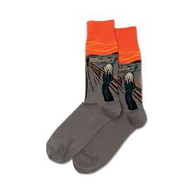 art meets feet: gray crew socks featuring edvard munch's "the scream" painting.  