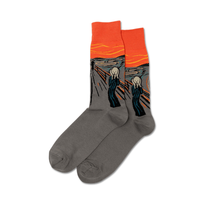 art meets feet: gray crew socks featuring edvard munch's "the scream" painting.  