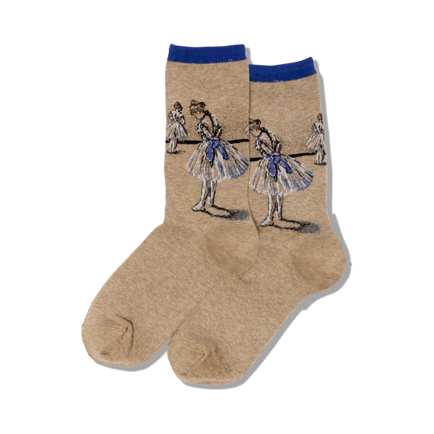 Pair of beige crew socks featuring a detailed image of Edgar Degas' painting 'Study of a Dancer'. The socks have a blue and pink top band respectively.