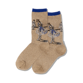 degas' study of a dancer crew socks for women feature a light brown background with a ballerina pattern in blue and white.  