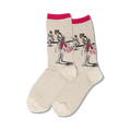 Close-up of a pair of beige crew socks with a pink top band, showcasing the detailed ballerina artwork.