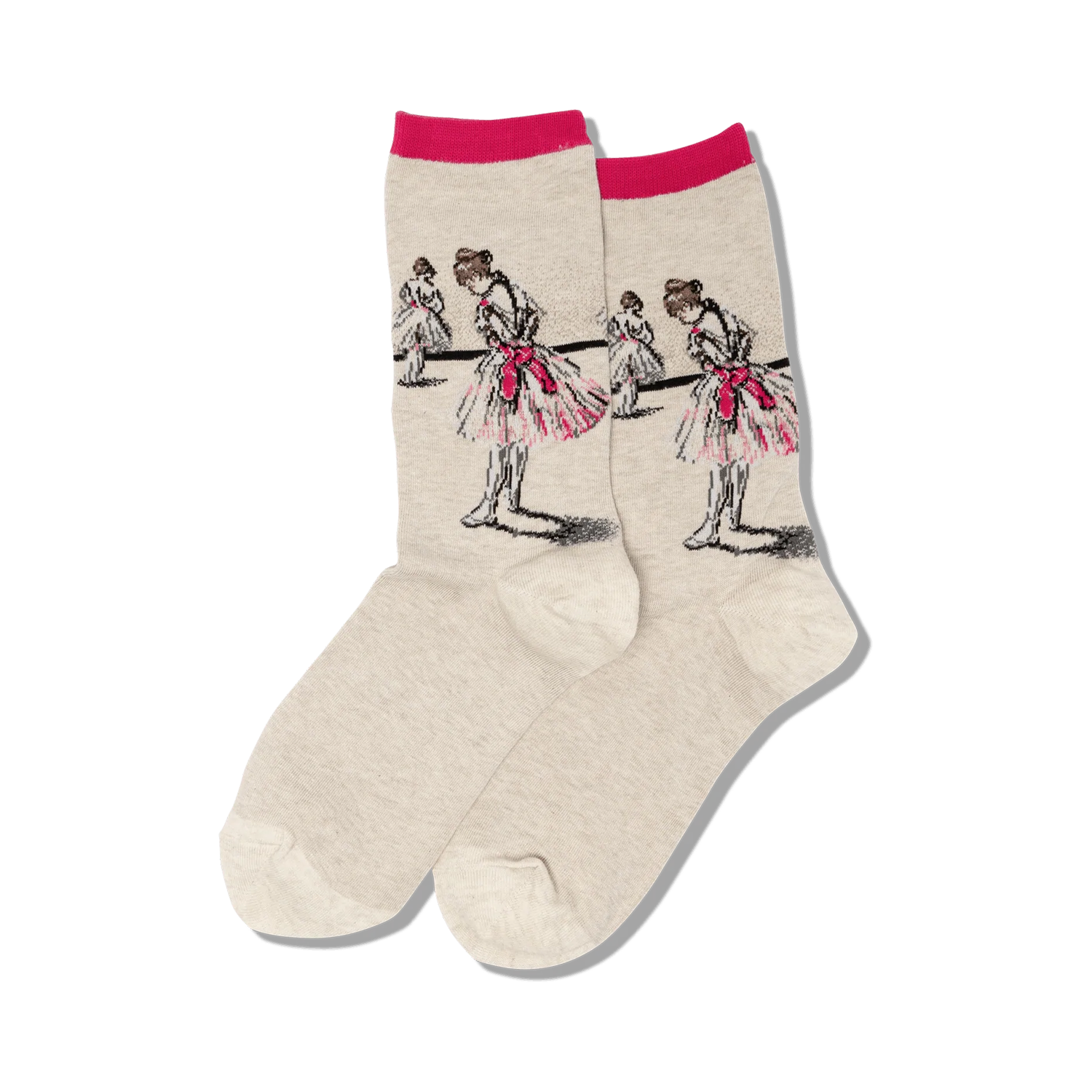Close-up of a pair of beige crew socks with a pink top band, showcasing the detailed ballerina artwork.