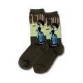 Pair of olive green crew socks displaying Seurat's A Sunday Afternoon. The design features women in blue dresses with parasols under pale green trees.