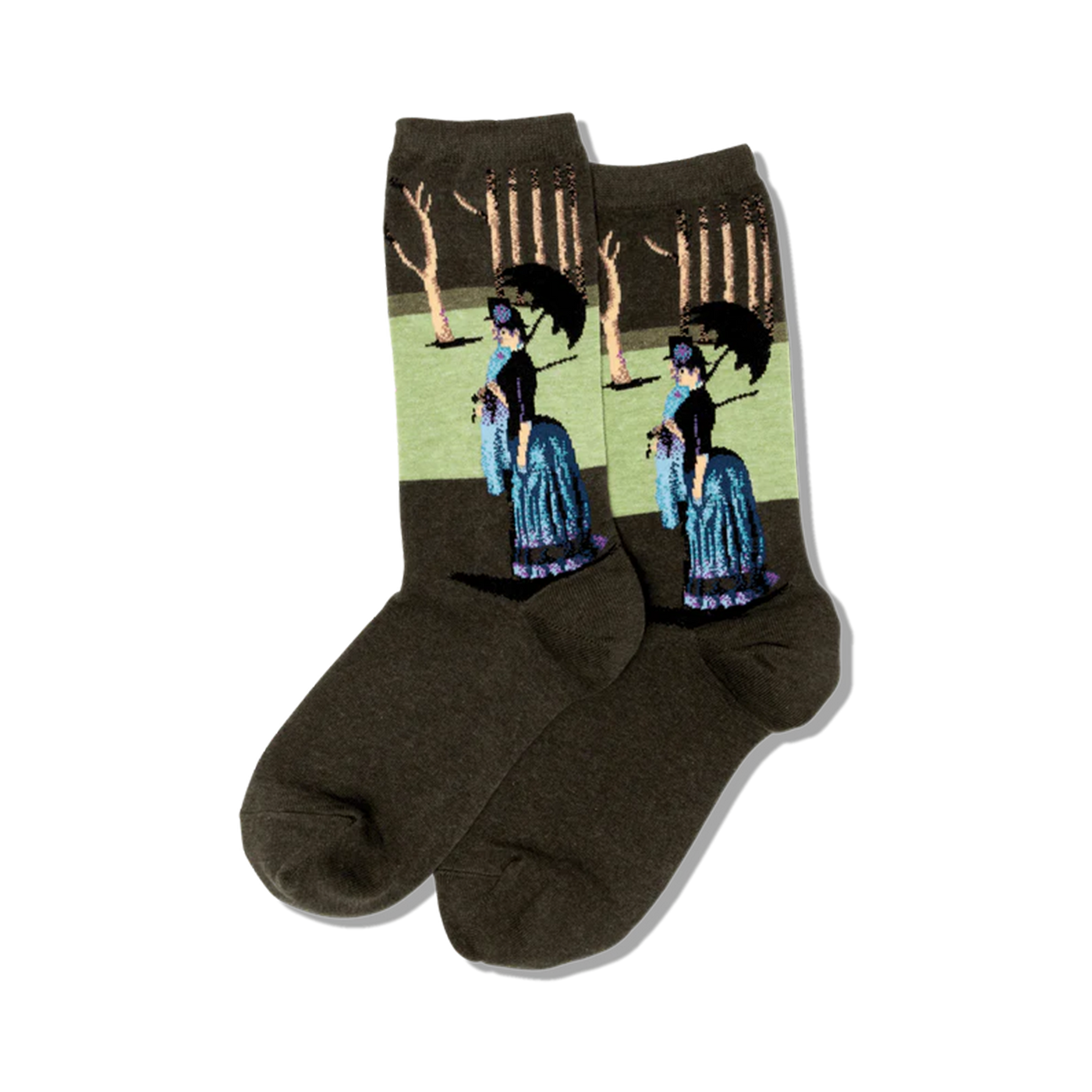 Pair of olive green crew socks displaying Seurat's A Sunday Afternoon. The design features women in blue dresses with parasols under pale green trees.