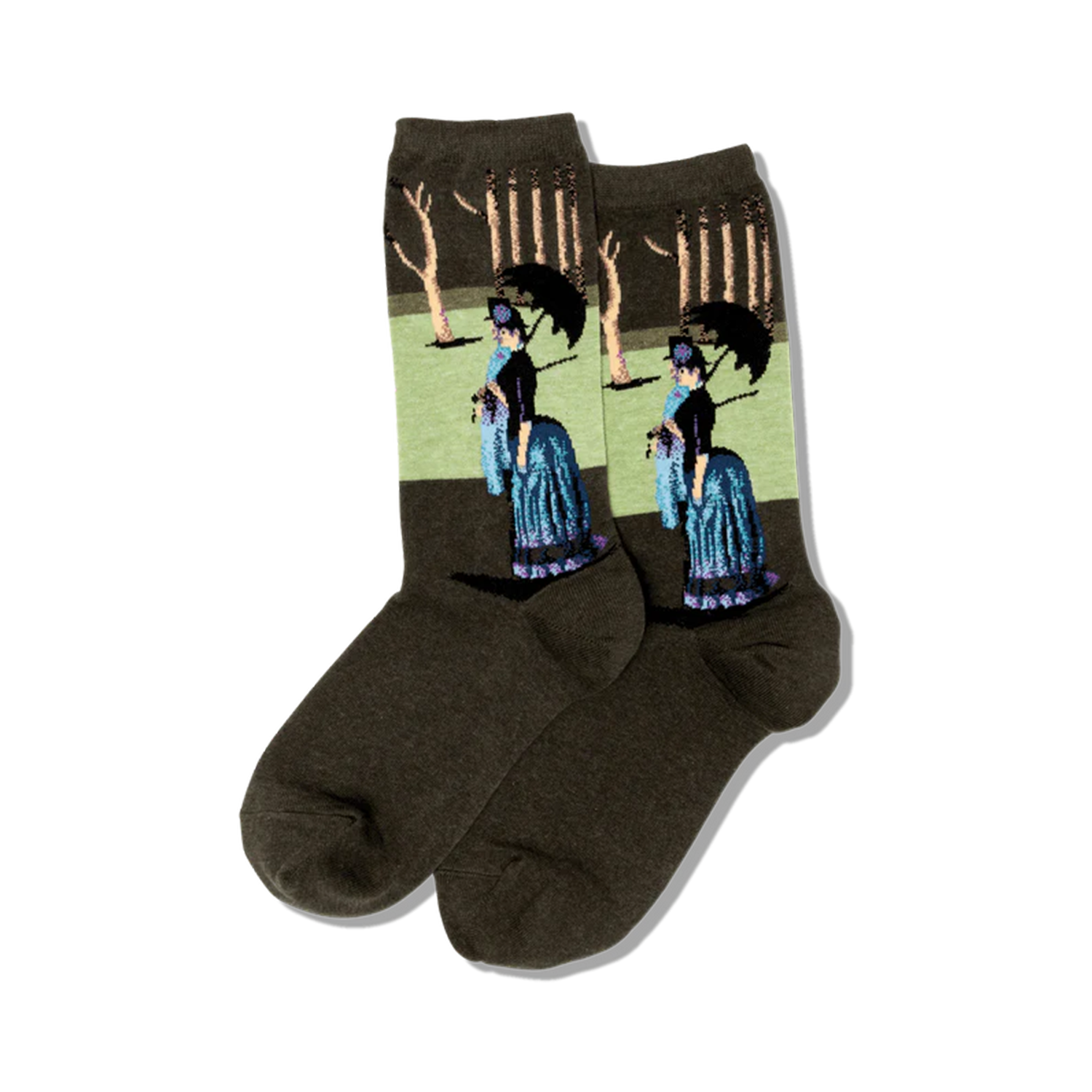 Pair of olive green crew socks displaying Seurat's A Sunday Afternoon. The design features women in blue dresses with parasols under pale green trees.