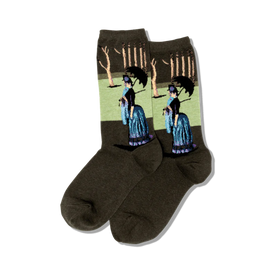 dark green crew socks with a pattern of women in long dresses and bonnets from the painting "a sunday afternoon on the island of la grande jatte" by georges seurat.  