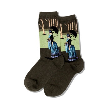 dark green crew socks with a pattern of women in long dresses and bonnets from the painting "a sunday afternoon on the island of la grande jatte" by georges seurat.  