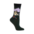 Dark green crew socks with a detailed image of Manet's Luncheon on the Grass, featuring a nude woman, a man in blue, and a tree in muted purples and greens.